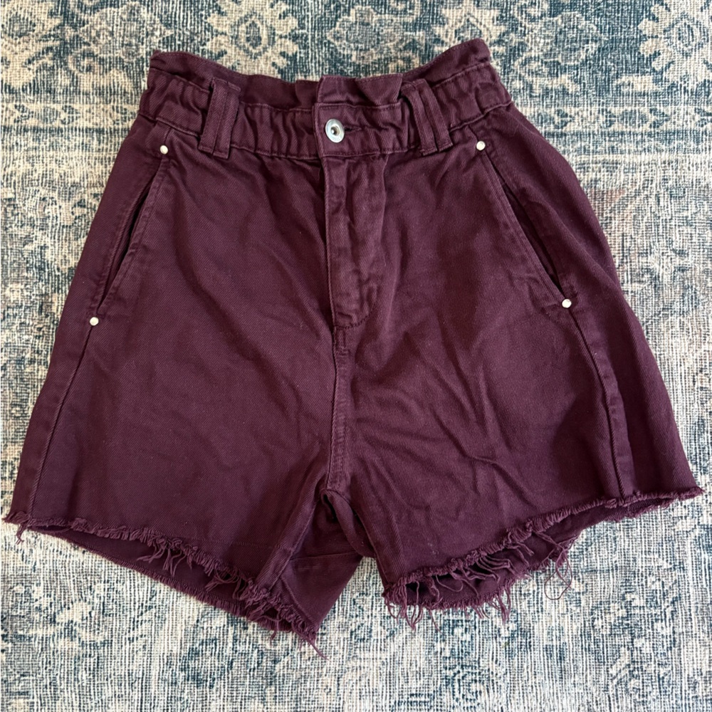 Zara burgundy plum pull pn high waisted paper bag waist shorts cut off shorts